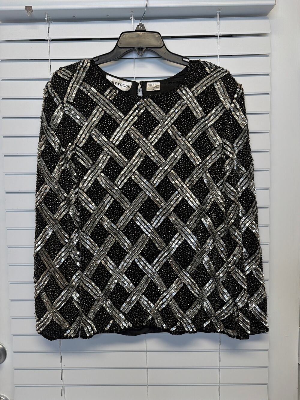Night Vogue Vintage Black Sequin Beaded Silk Shirt Glam Art Deco Small Retro